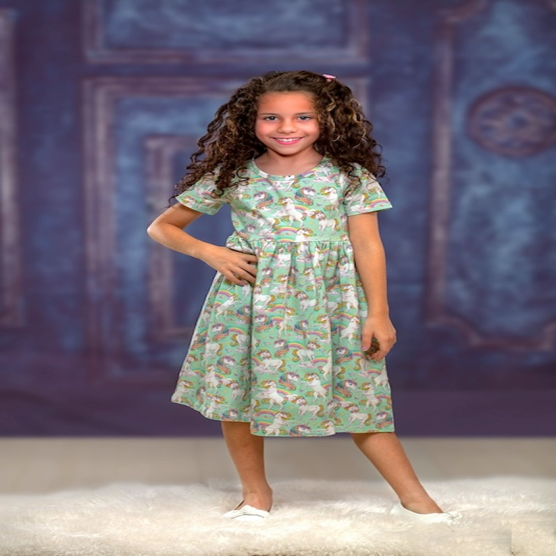 Unicorn Design Organic Cotton Girls Twirl Dress 2Y-10Y short sleeve 